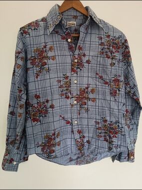 Robert Dale VTG 100% Cotton Light Blue Floral Plaid Button-Up Shirt